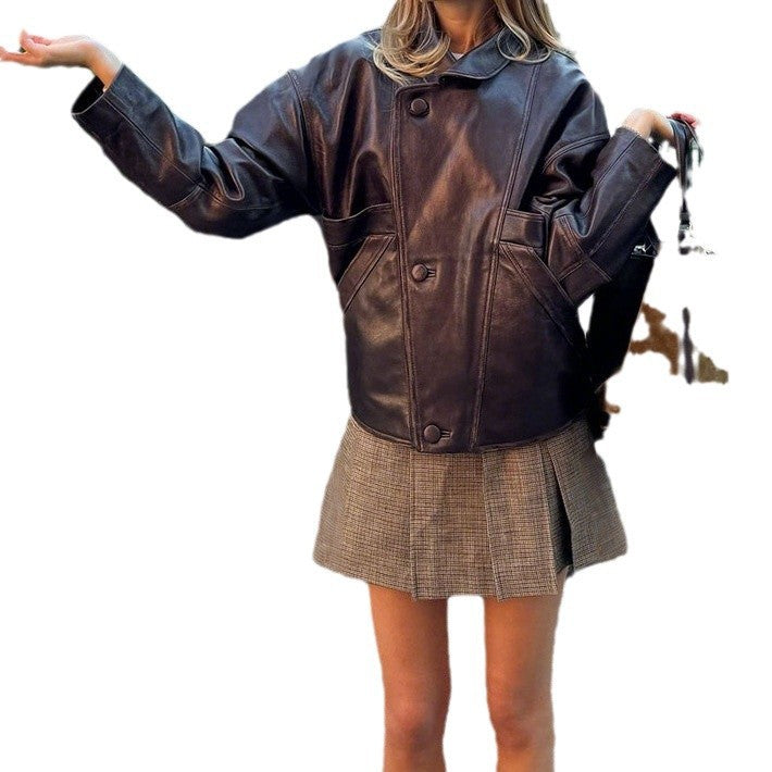 Women's Oversize Faux Leather Bomber Jacket with Round Collar and Distinctive Seam Details Chichicherry