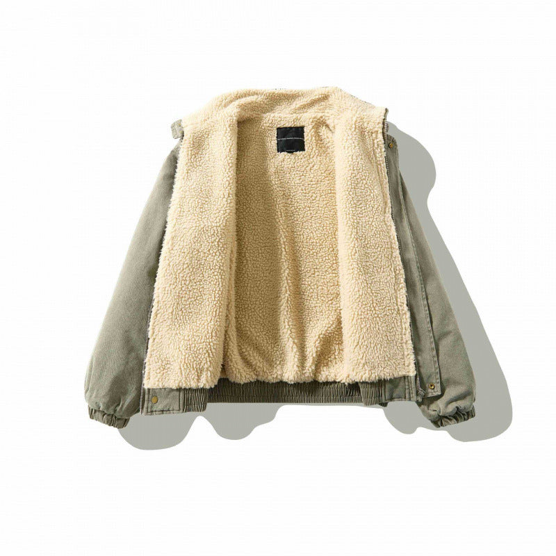 Unisex Loose-Fitting Canvas Utility Jacket with Standing Collar, Flap Pockets and Elastic Hem Chichicherry