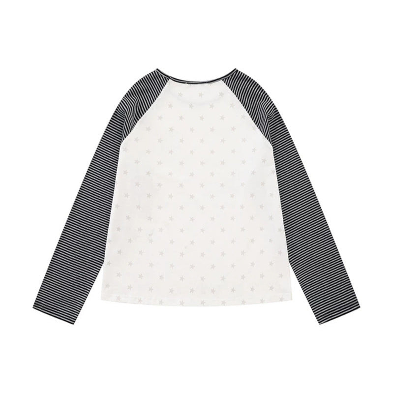 Women's raglan long sleeve shirt with striped sleeves, all-over stars and letter appliqué Chichicherry