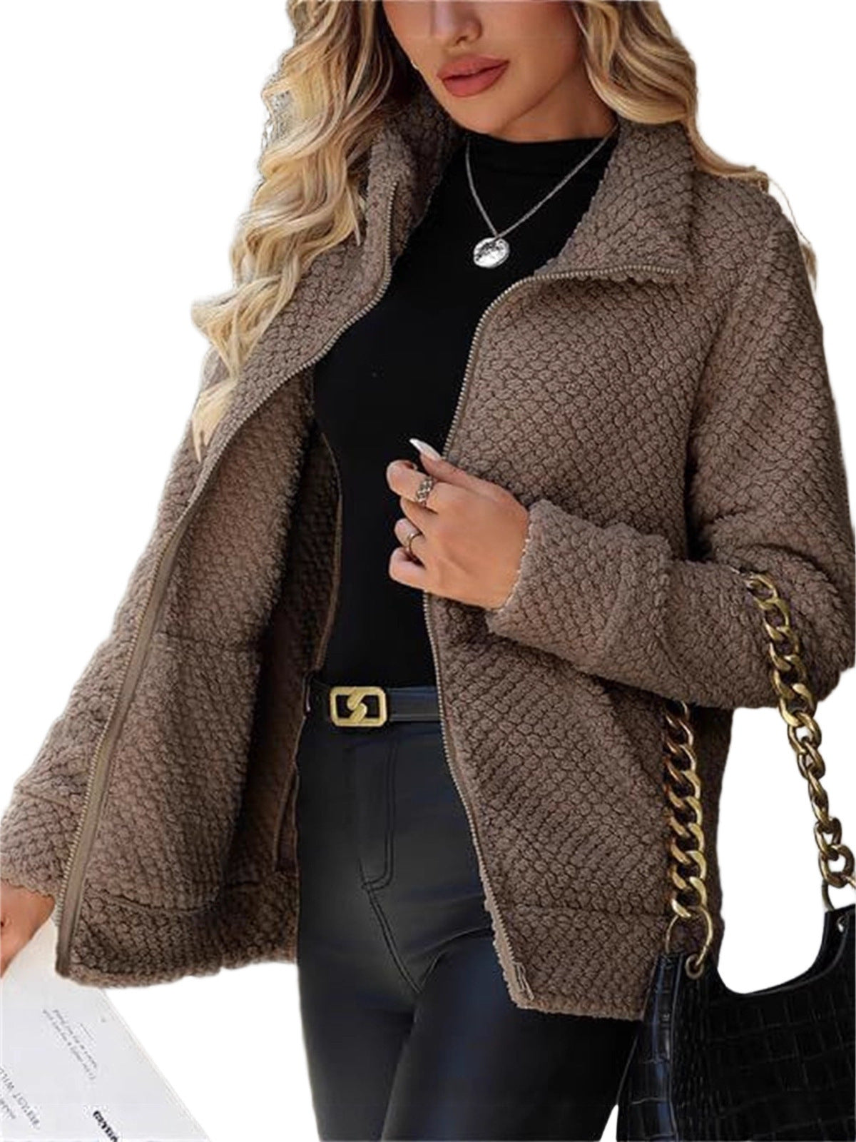 Women's teddy fleece jacket with zipper and stand-up collar Chichicherry