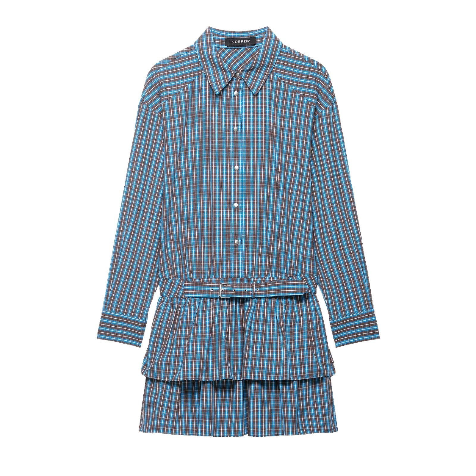 Women's Tailored Shirt Dress in Checkered Pattern with Tying Belt and Tiered Skirt Chichicherry