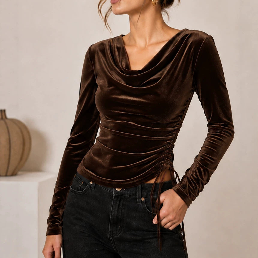 Women's velvet top with waterfall collar, side gathering and lacing detail Chichicherry