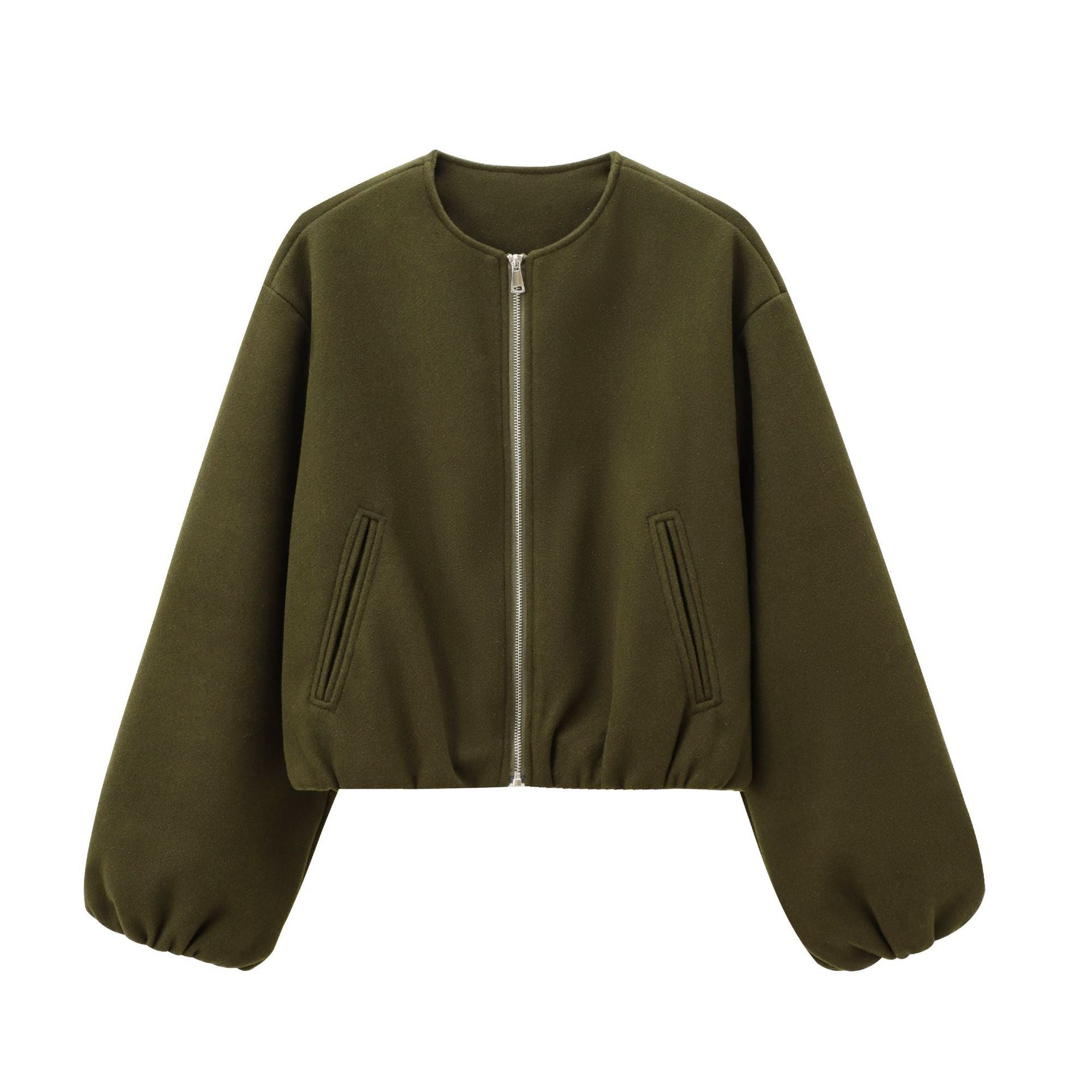 Women's Short Wool Blend Bomber with Round Neck, Zipper and Elastic Hem Chichicherry