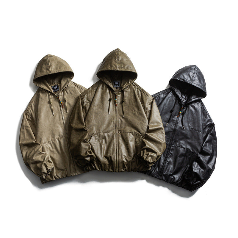 Men's short-cut faux leather hooded jacket in boxy cut with elastic hem and kangaroo pockets Chichicherry