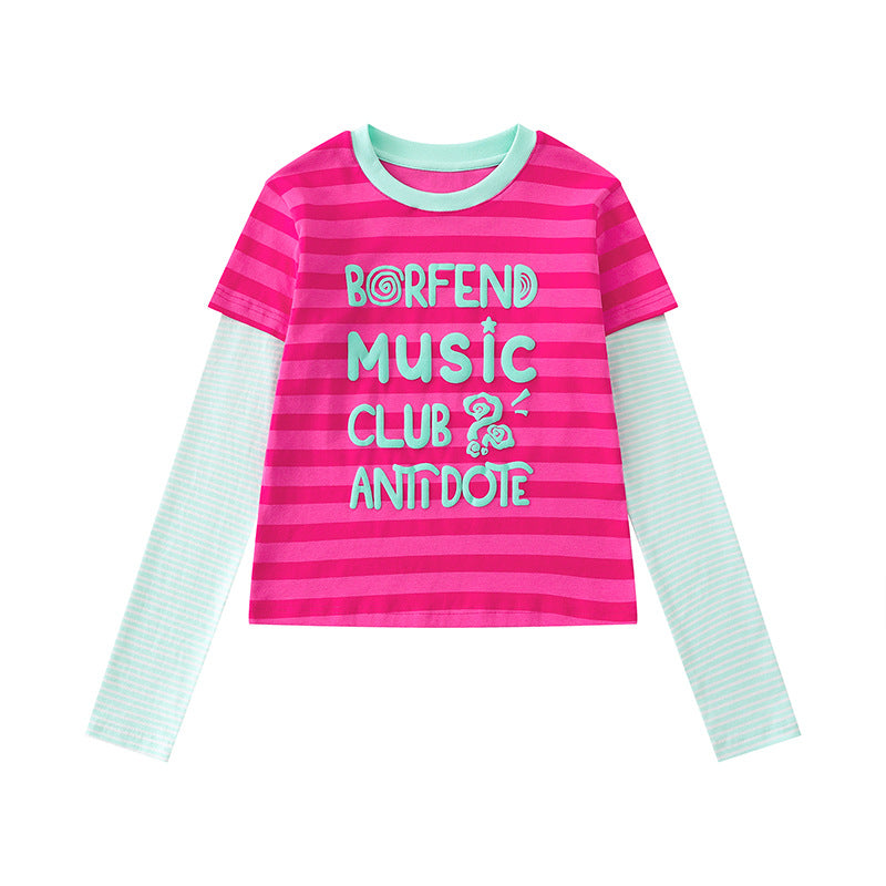 Women's Layered Long Sleeve Shirt in Layer Look with Contrasting Striped Sleeves and Typographic Print Chichicherry