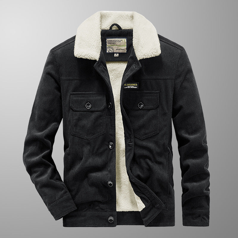 Men's Cord Worker Jacket in Trucker Style with Snap Button Closure and Flap Pockets Chichicherry