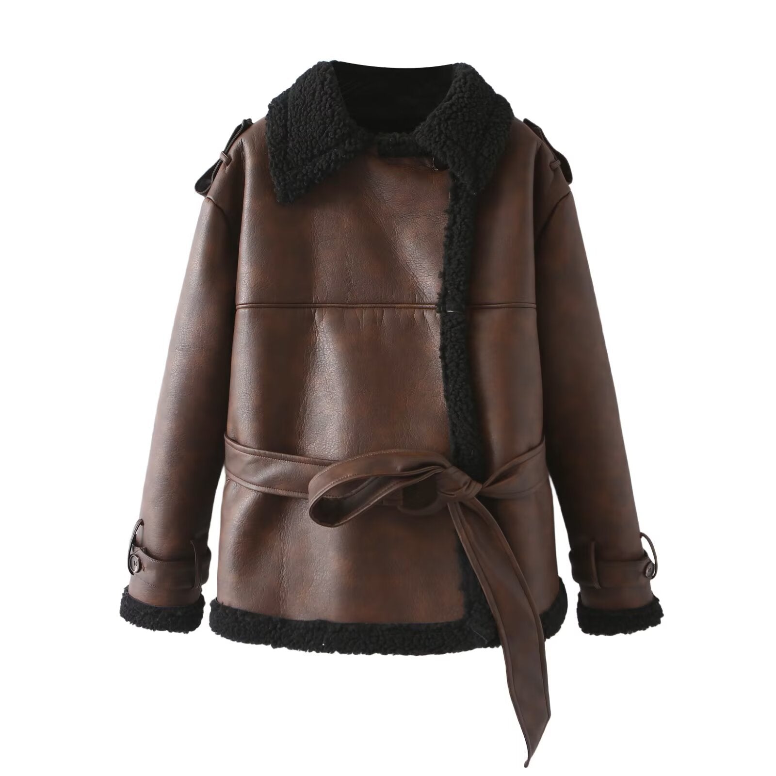 Women Tailored Aviator Coat made of Faux Leather with Teddy Lining and Tied Belt Chichicherry