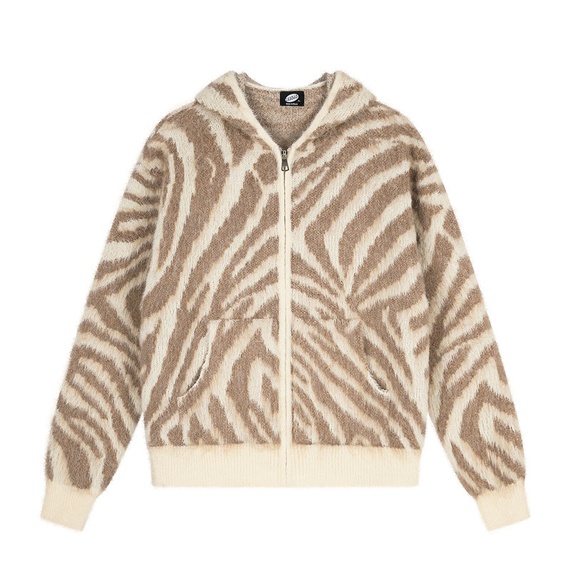 Women's Fluffy Zip Hoodie Cardigan with Zebra Jacquard and Kangaroo Pocket Chichicherry