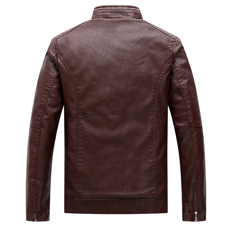 Men's Slim-Fit Leather Look Moto Jacket with Stand-Up Collar and Zipper Pockets Chichicherry