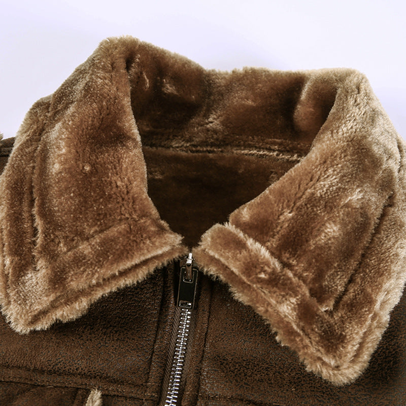 Men's Fleece-Lined Lambskin Imitation Biker Jacket with Stand-Up Collar and Flap Pockets Chichicherry
