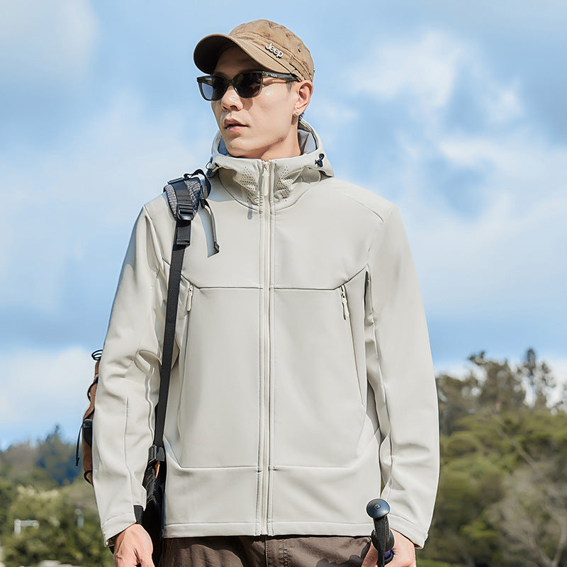 Men's softshell functional jacket with high thermal collar, hood and water-resistant zippers Chichicherry