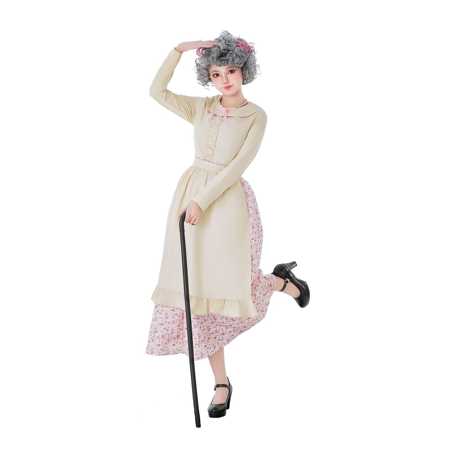 Ladies Vintage Older Costume with Floral Pattern and Ruffle Details Chichicherry