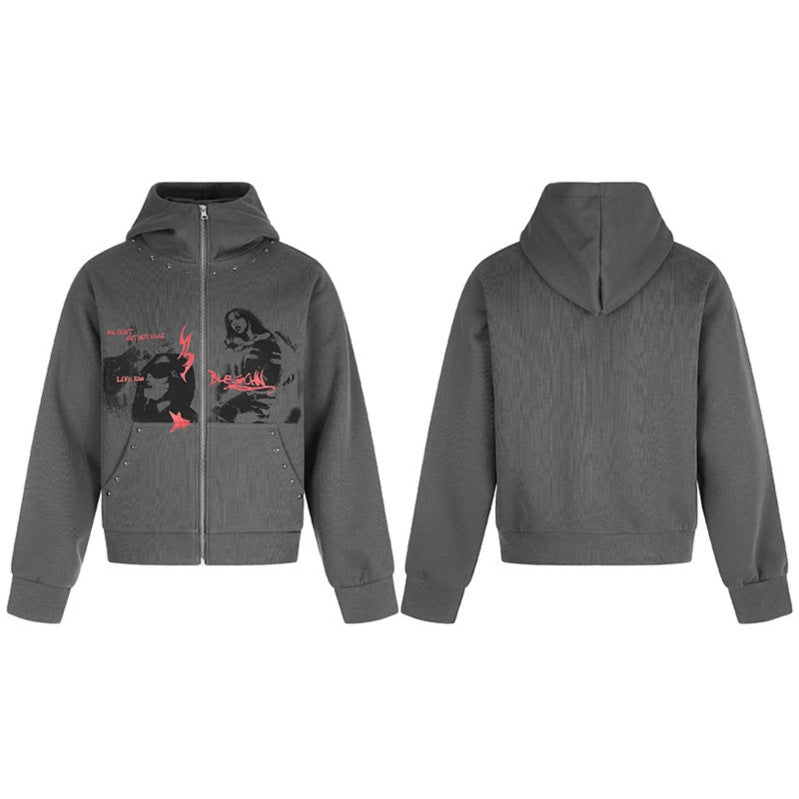 Ladies Hooded Zip Jacket with Stud Embellishment, Artwork Front Print and Kangaroo Pockets Chichicherry