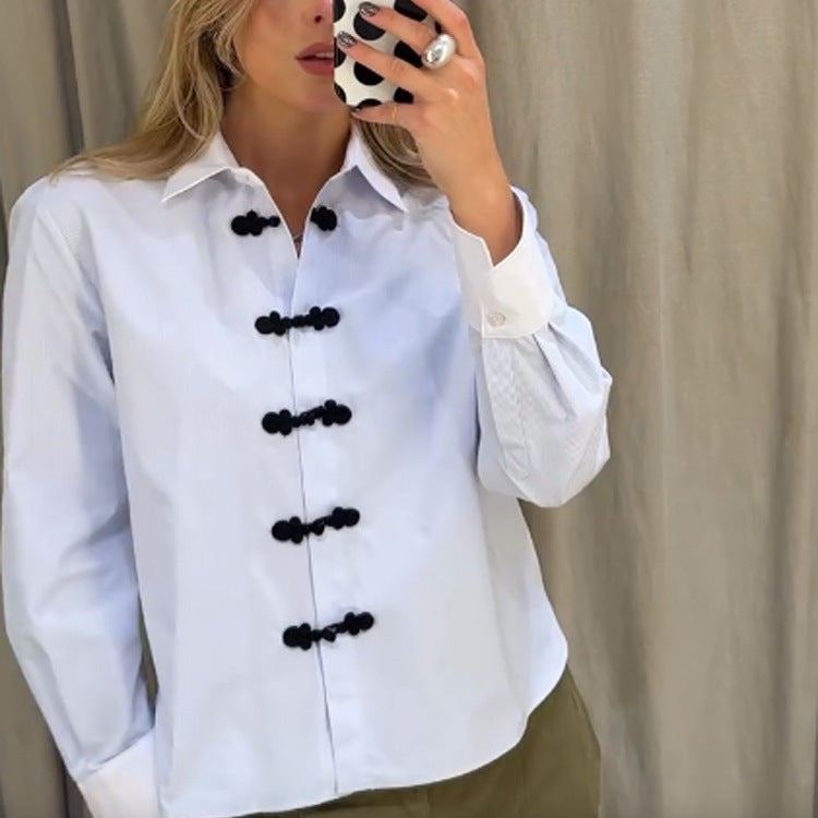 Women’s short cut poplin shirt blouse with stand-up collar and decorative cord knot closures Chichicherry