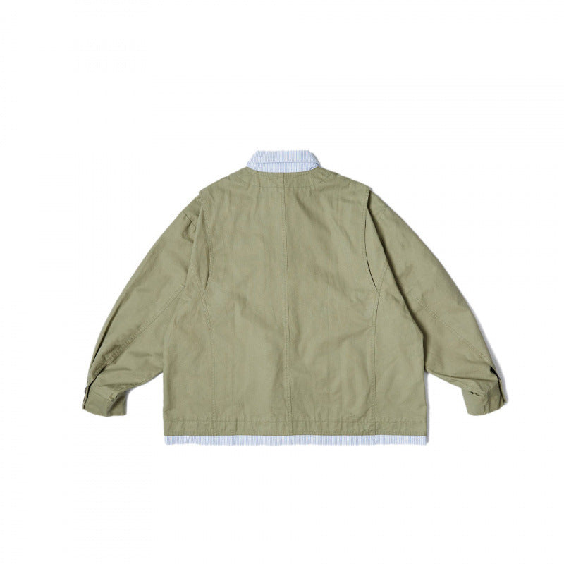 Unisex Oversize Shirt Jacket in Worker Style with Patch Flap Pockets and Contrasting Placket Chichicherry