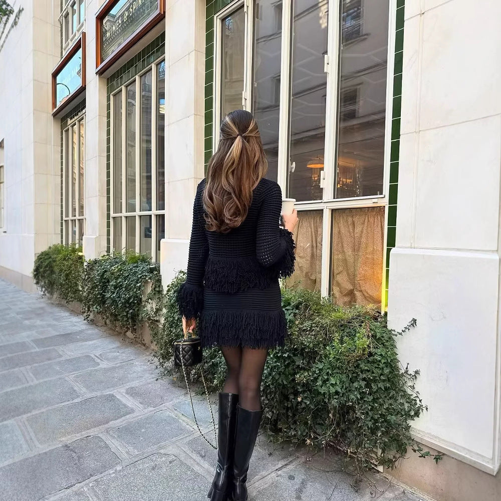Women's Tailored Cardigan with Fringe Trim and Shirt Collar Chichicherry