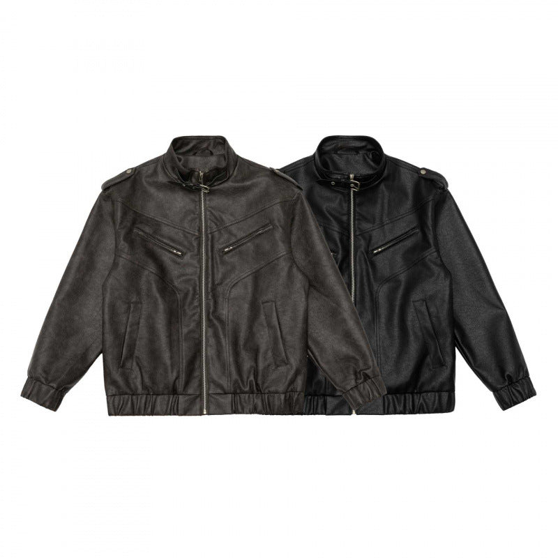 Men's Boxy Faux Leather Blouson with Stand Collar, Shoulder Epaulettes and Elastic Hem Chichicherry