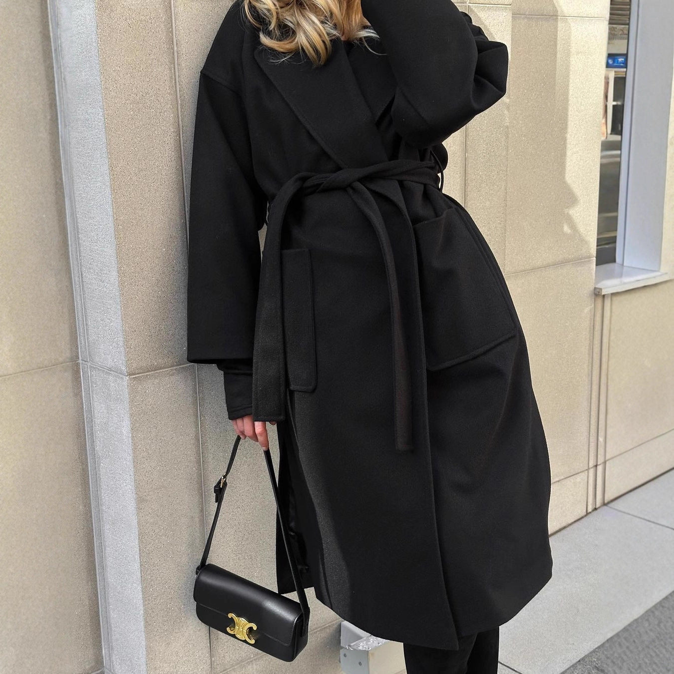 Damen Wickelmantel aus Wollmix mit Taillengürtel und aufgesetzten Taschen Chichicherry