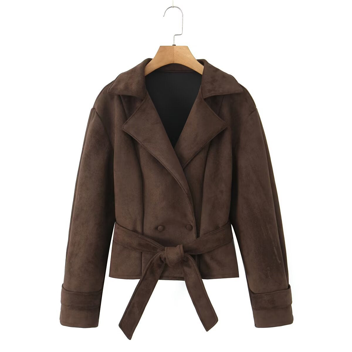 Women's Short Suede Look Jacket with Waist Belt and Lapel Collar Chichicherry