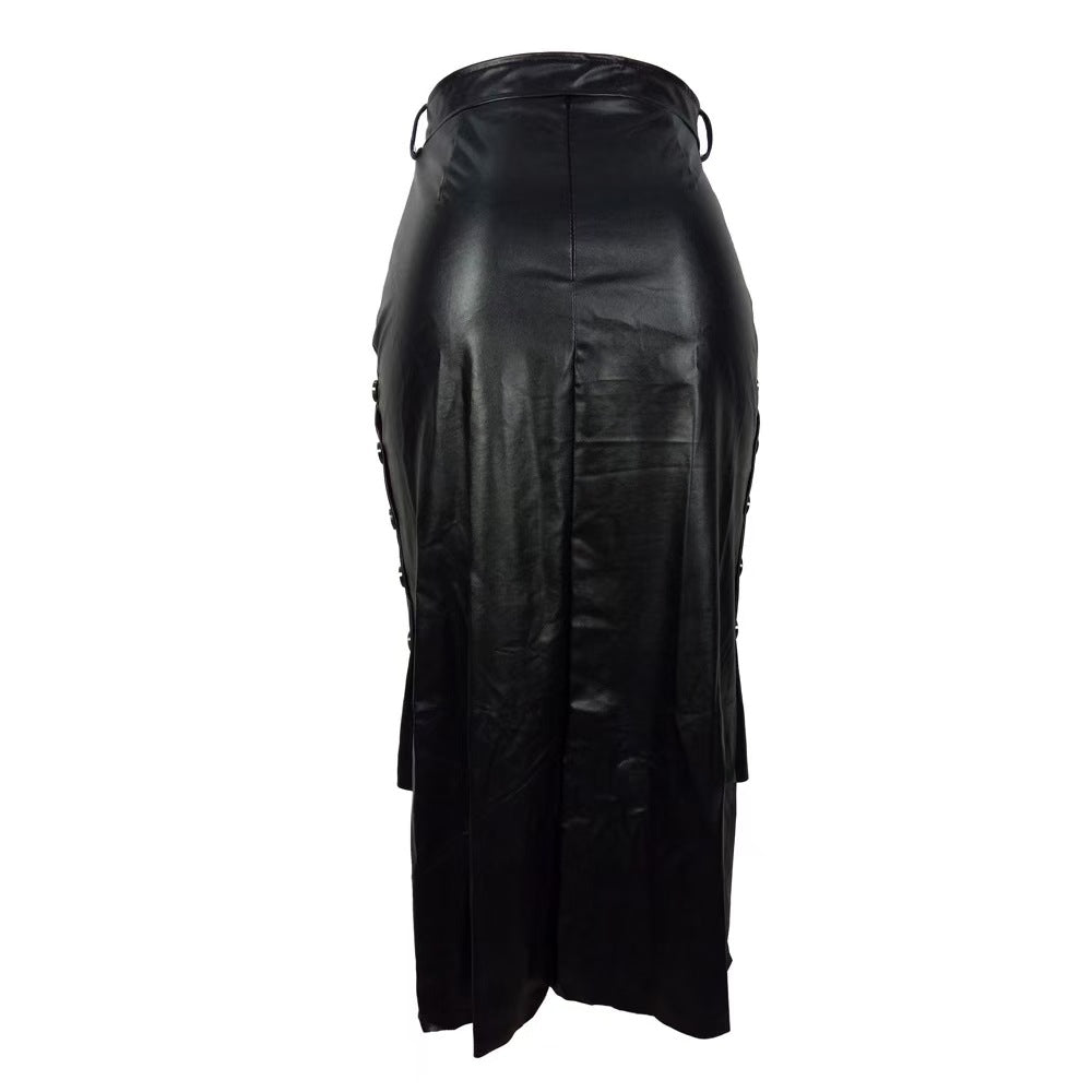 Women's high-waisted pencil skirt made of faux leather with tie belt and back slit Chichicherry