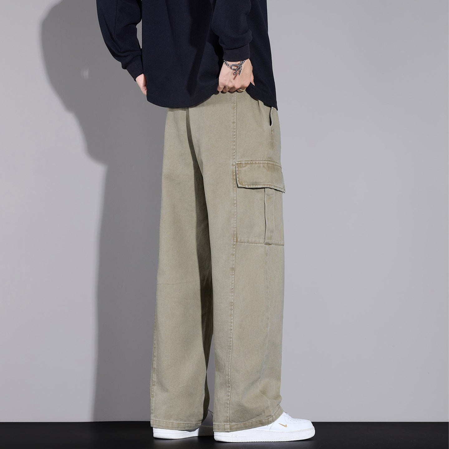 Men's Wide Cargo Pants made of Washed Cotton with Drawstring and Multi Pockets Chichicherry