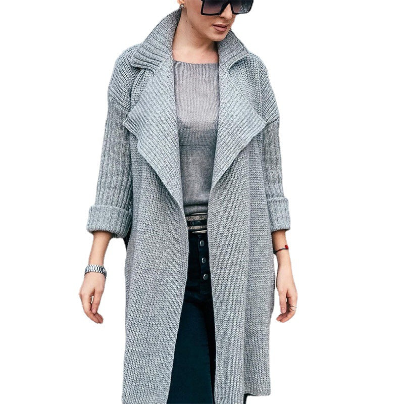 Women Long Open Knit Coat with Shawl Collar and Cuffed Sleeves Chichicherry