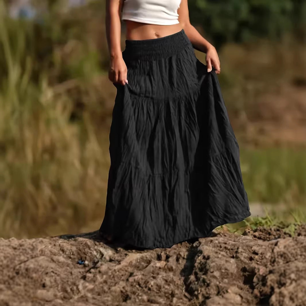 Women's maxi skirt with tiers, gathered smocked waistband and airy crinkle fabric Chichicherry