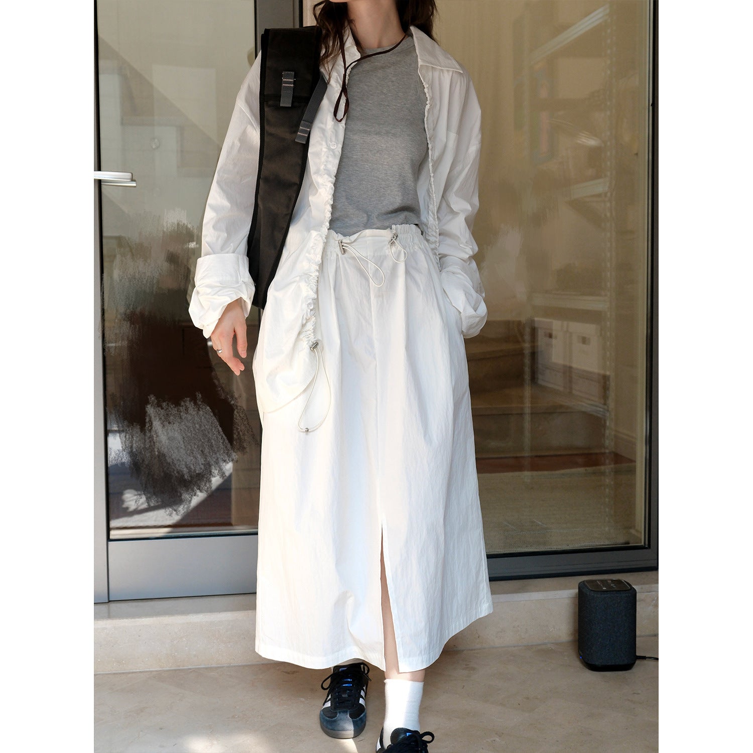 Women's Midi-Length Cotton Skirt with Drawstring, Side Pockets, and Front Leg Slit Chichicherry