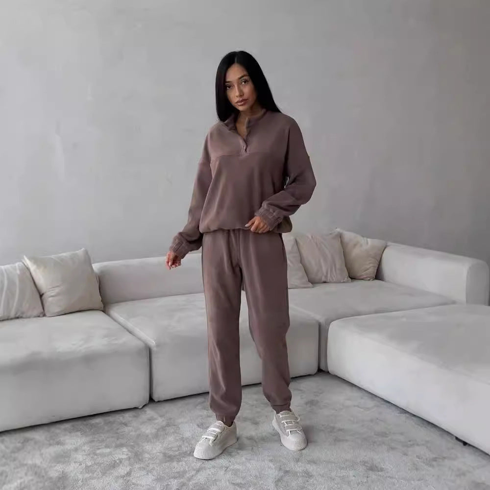 Damen Oversize-Fleece-Set mit Henley-Kragen und weicher Jogginghose Chichicherry