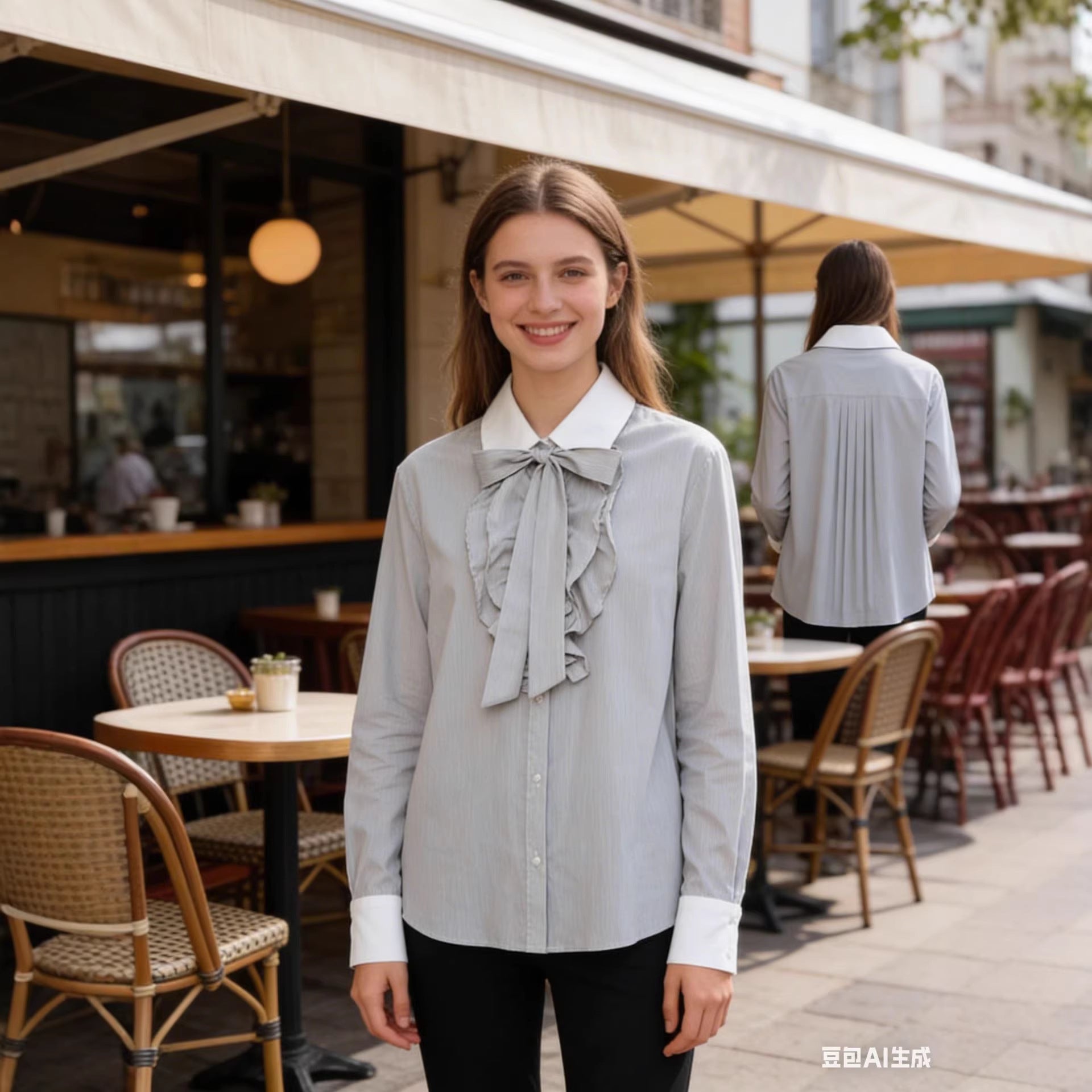 Ladies Striped Blouse with Bow Collar, Ruffle Front and Contrast Cuffs Chichicherry
