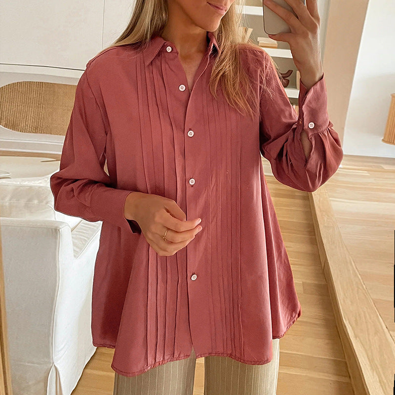 Women's Pleated Tunic Blouse with Shirt Collar and Loose A-Line Silhouette Chichicherry