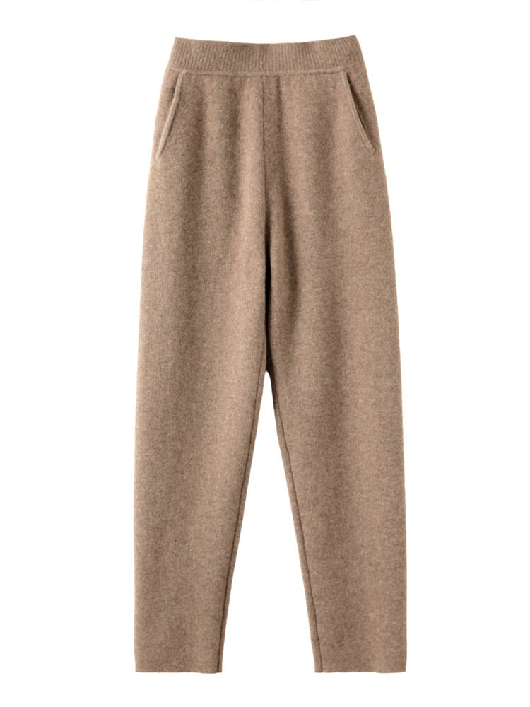 Women's High-Waisted Knit Pants with Cashmere-like Feel and Tapered Leg Chichicherry
