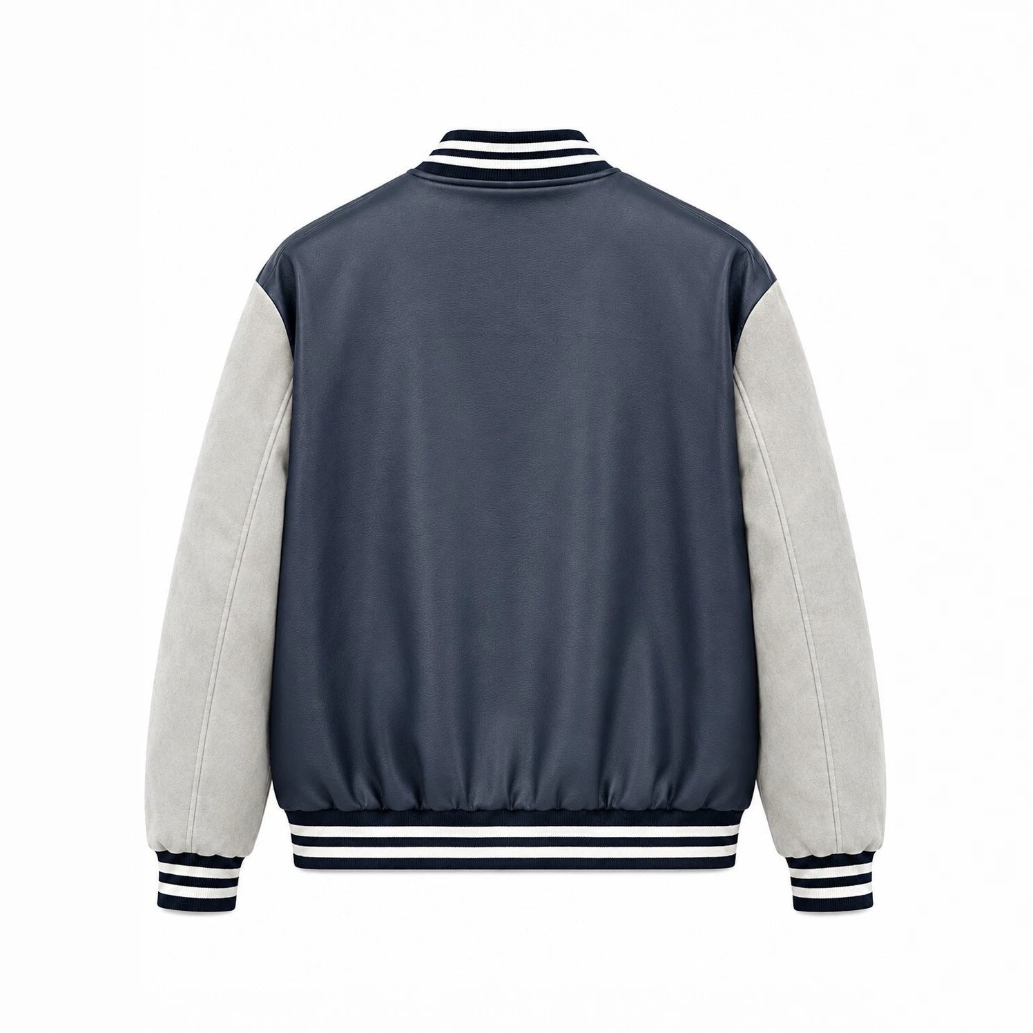 Men's Varsity Faux Leather College Jacket with Contrast Sleeves, Embroidered Patches and Ribbed Hem Chichicherry
