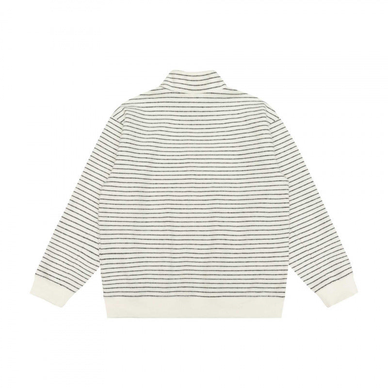 Unisex Striped Knit Zip Jacket with Stand-up Collar and Patch Pockets Chichicherry