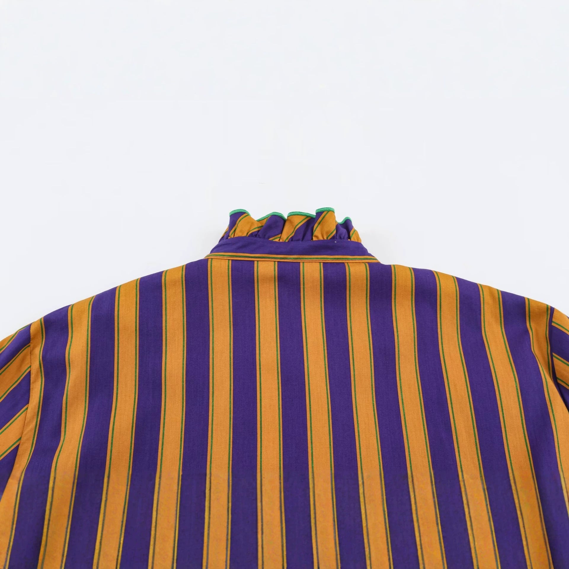 Women's Striped Blouse with Stand-up Collar, Ruffle Trim and Gathered Cuffs Chichicherry