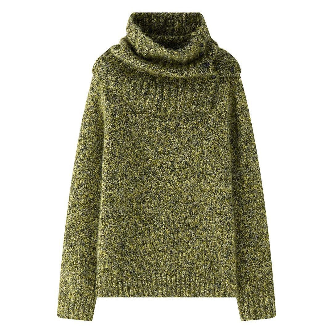 Women’s Fluffy Chunky Knit Sweater with Button Turtleneck Chichicherry