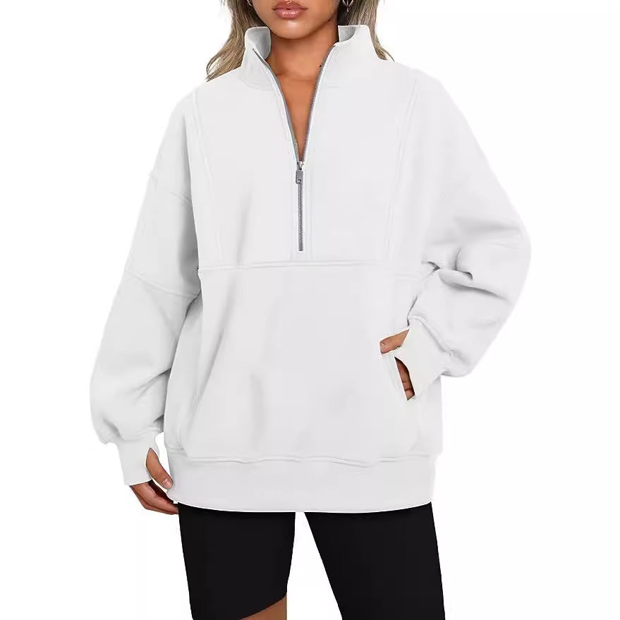 Damen Oversized Sweatshirt mit halbem Reißverschluss, Kängurutasche und Stehkragen Chichicherry