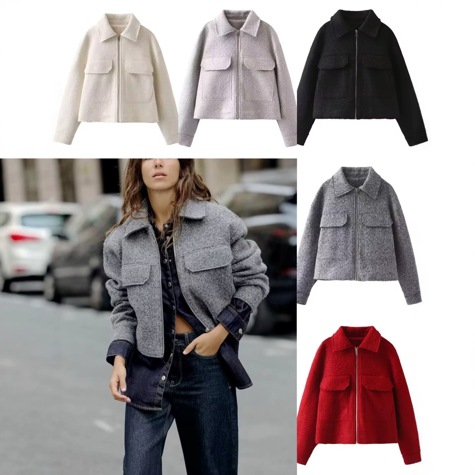 Women Short Boucle Jacket in Boxy Cut with Zip and Flap Pockets Chichicherry