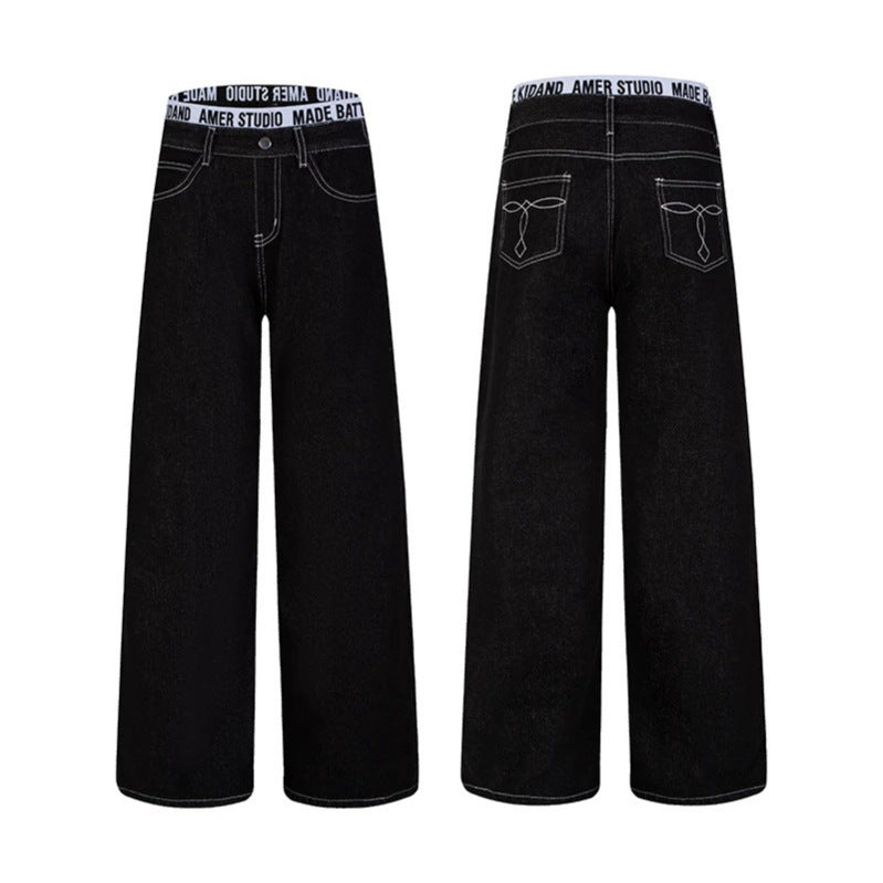 Women Wide High-Waist Denim Pants with Logo Elastic Waistband and Palazzo Silhouette Chichicherry