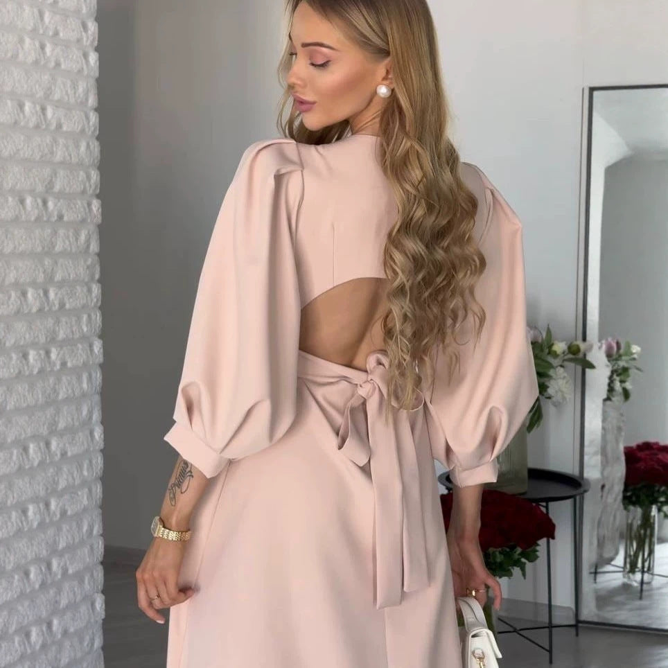 Damen Midikleid mit offenem Rückenausschnitt, voluminösen Puffärmeln und Bindegürtel Chichicherry