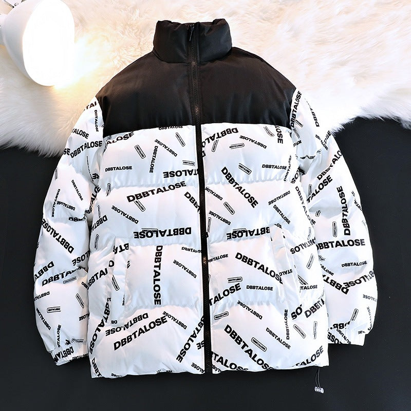 Unisex Padded Quilted Jacket with Allover Logo Print, High Stand-Up Collar & Adjustable Hem Chichicherry
