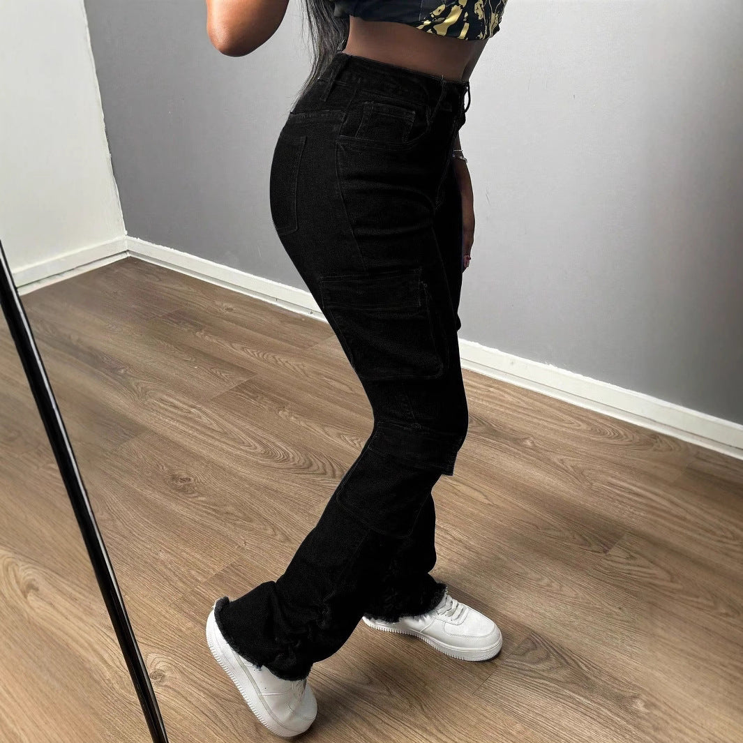 Ladies High-Waisted Cargo Jeans with Multiple Flap Pockets and Long Leg Chichicherry