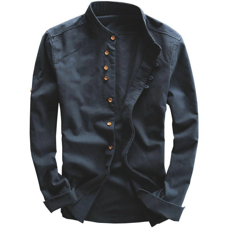 Men's Lightweight Cotton-Linen Overshirt with Stand Collar and Button Placket Detail Chichicherry
