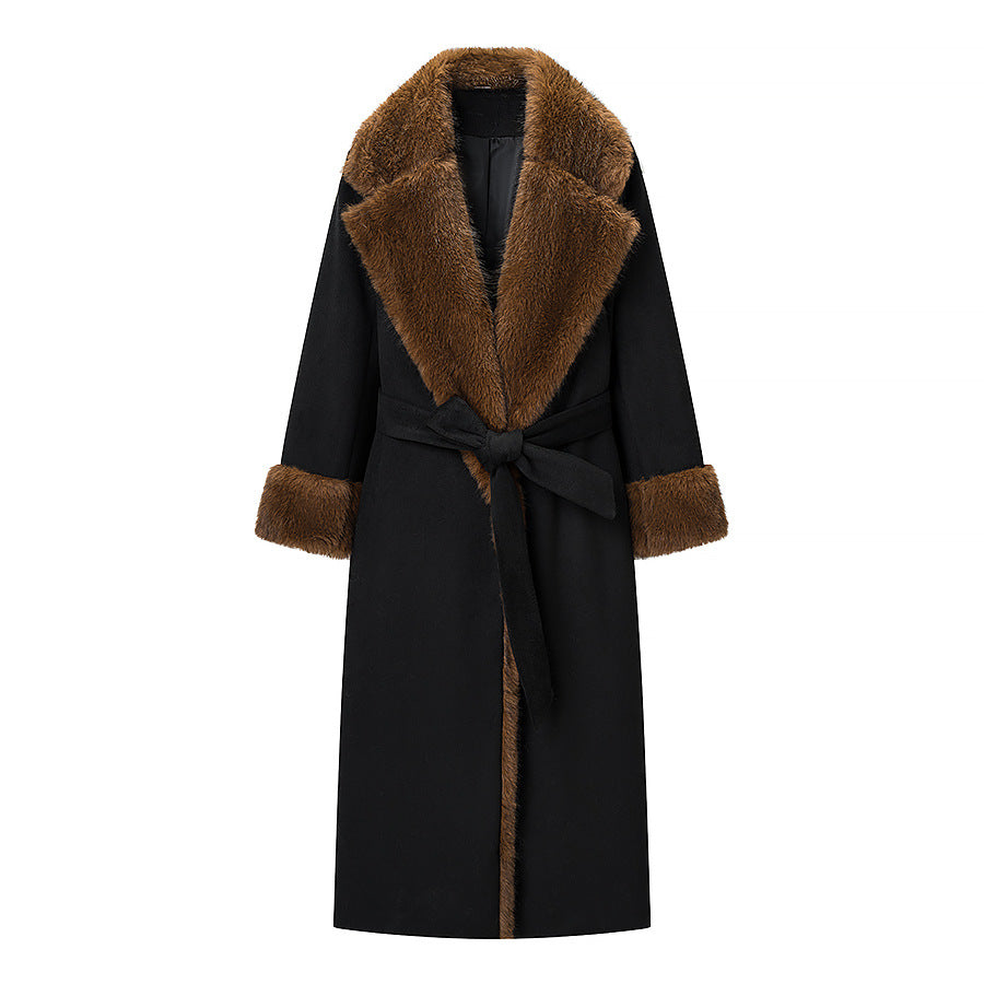 Women Tailored Maxi Coat with Faux Fur Shawl Collar and Tied Belt Chichicherry