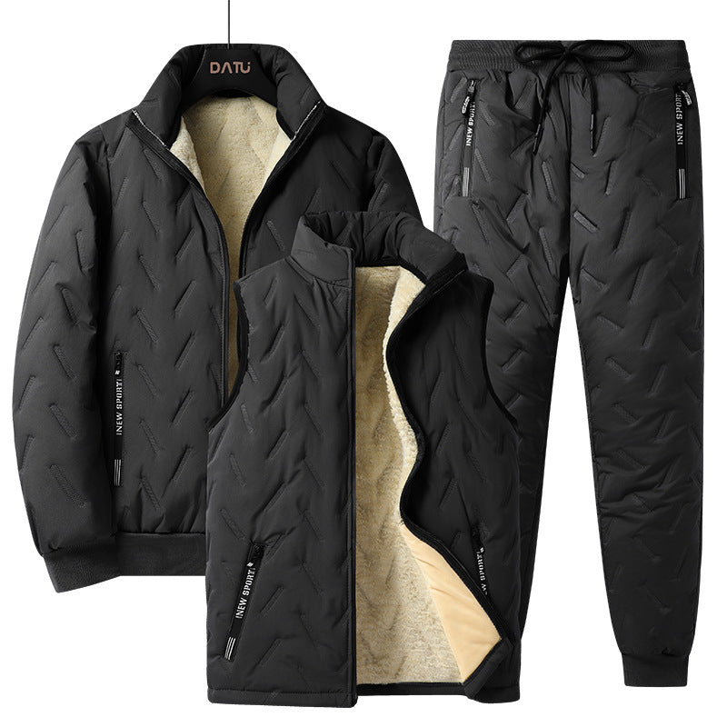Men's Three-Piece Quilted Winter Set with Teddy Lining — Stand Collar Jacket, Padded Vest & Thermal Pants Chichicherry