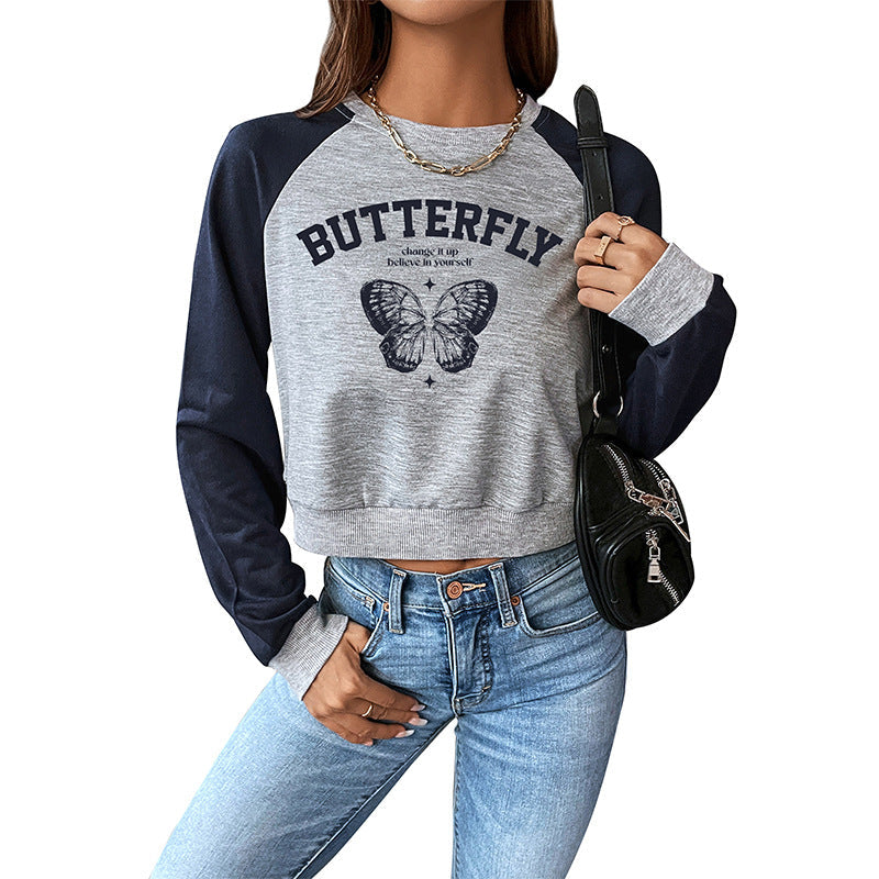 Women's Short Raglan Sweatshirt with Butterfly Print and Contrasting Sleeves Chichicherry