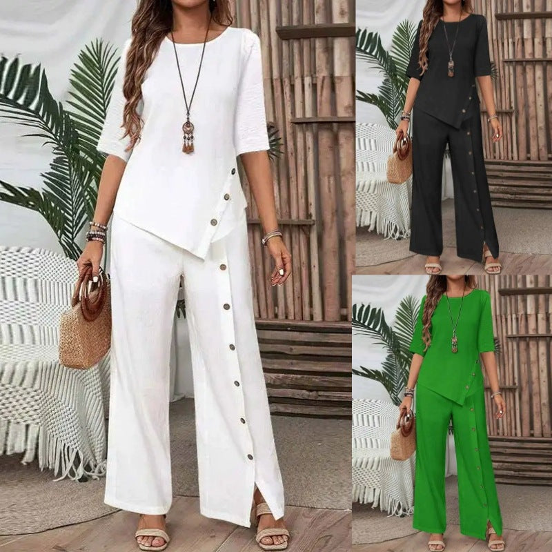 Damen asymmetrisches zweiteiliges Lounge-Set mit 3/4-Ärmeln und seitlicher Knopfverzierung Chichicherry