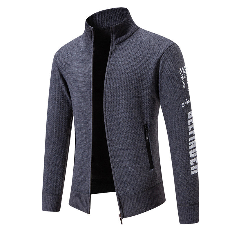 Men's Structured Knit Zip Jacket with Waffle Texture, Stand Collar and Zipper Pockets Chichicherry