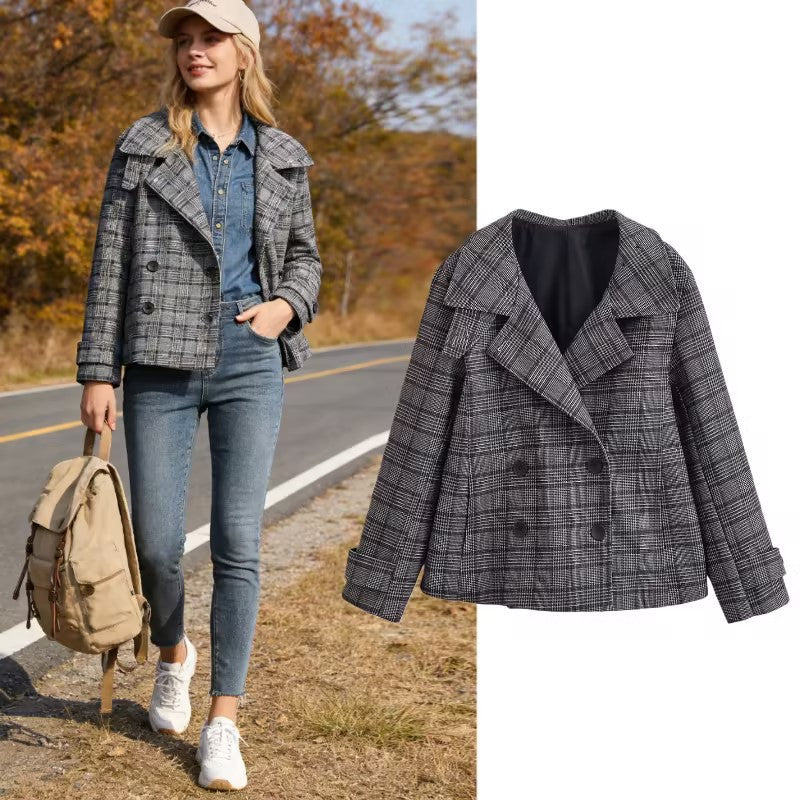 Women's Cropped Double-Breasted Blazer in Glen Check with Oversized Lapels and Turn-Up Sleeves Chichicherry