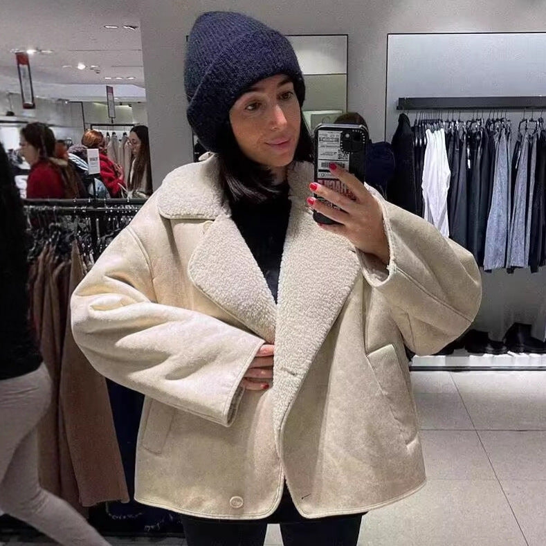 Ladies short jacket in lamb fur look with shawl collar and side patch pockets Chichicherry